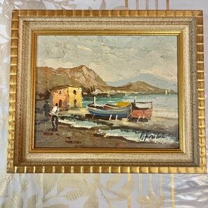 Vintage Nautical Harbor Scene Oil Painting on Canvas  Framed Sz 11x12.5”